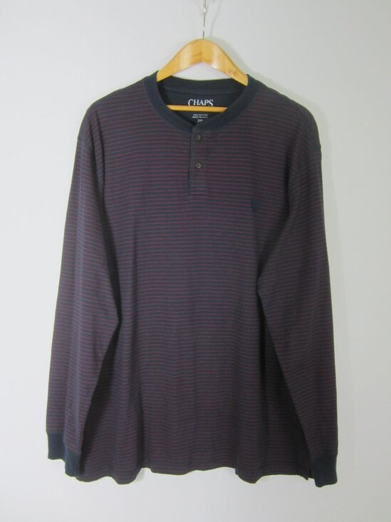 New Chaps Mens 2XB Navy Blue Red Striped Cotton Knit Henley LS Shirt Nautical - Picture 4 of 8